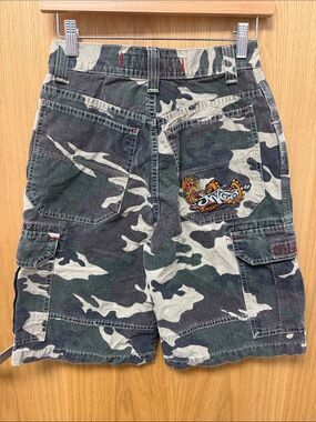 JNCO Vintage 90s Camo Cargo Shorts with Dragon Patch - Green, Black, White